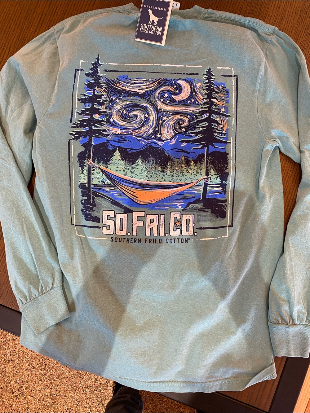 Southern Fried Cotton Teal Long Sleeve Tee with Night Hammock Graphic
